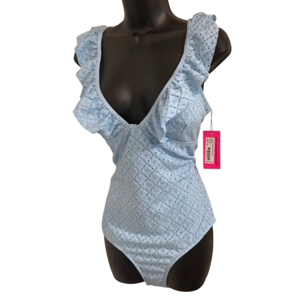 Betsey Johnson Clear sky blue 1piece Ruffle strap eyelet Swimsuit size small new